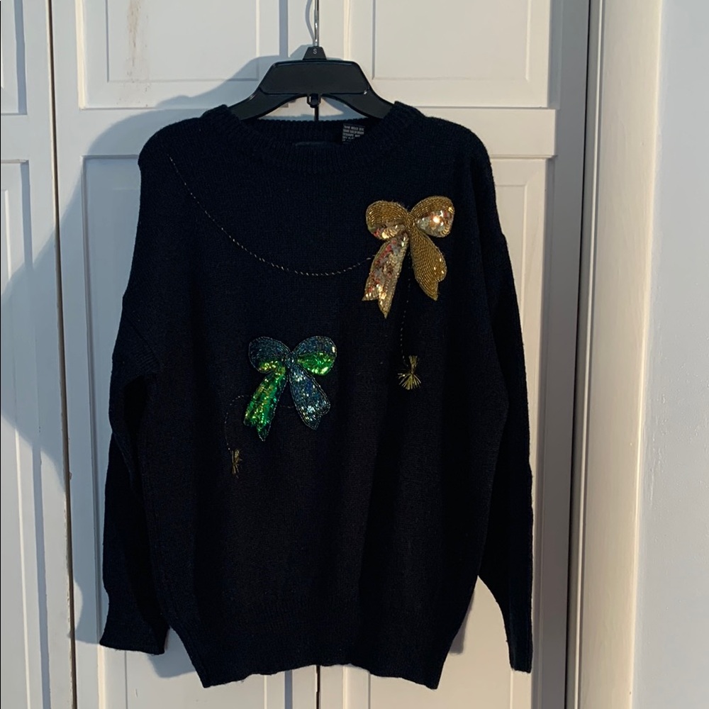 Beautifully Mine Medium Black Crew Neck Sweater Sequin Bows Vintage - Picture 2 of 8